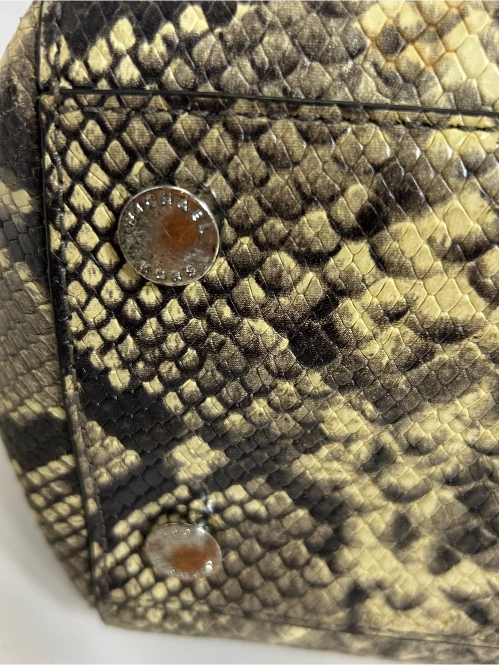 Michael Kors Snake-Print Leather Tote Doible Handle Shoulder Bag Purse Black Tan